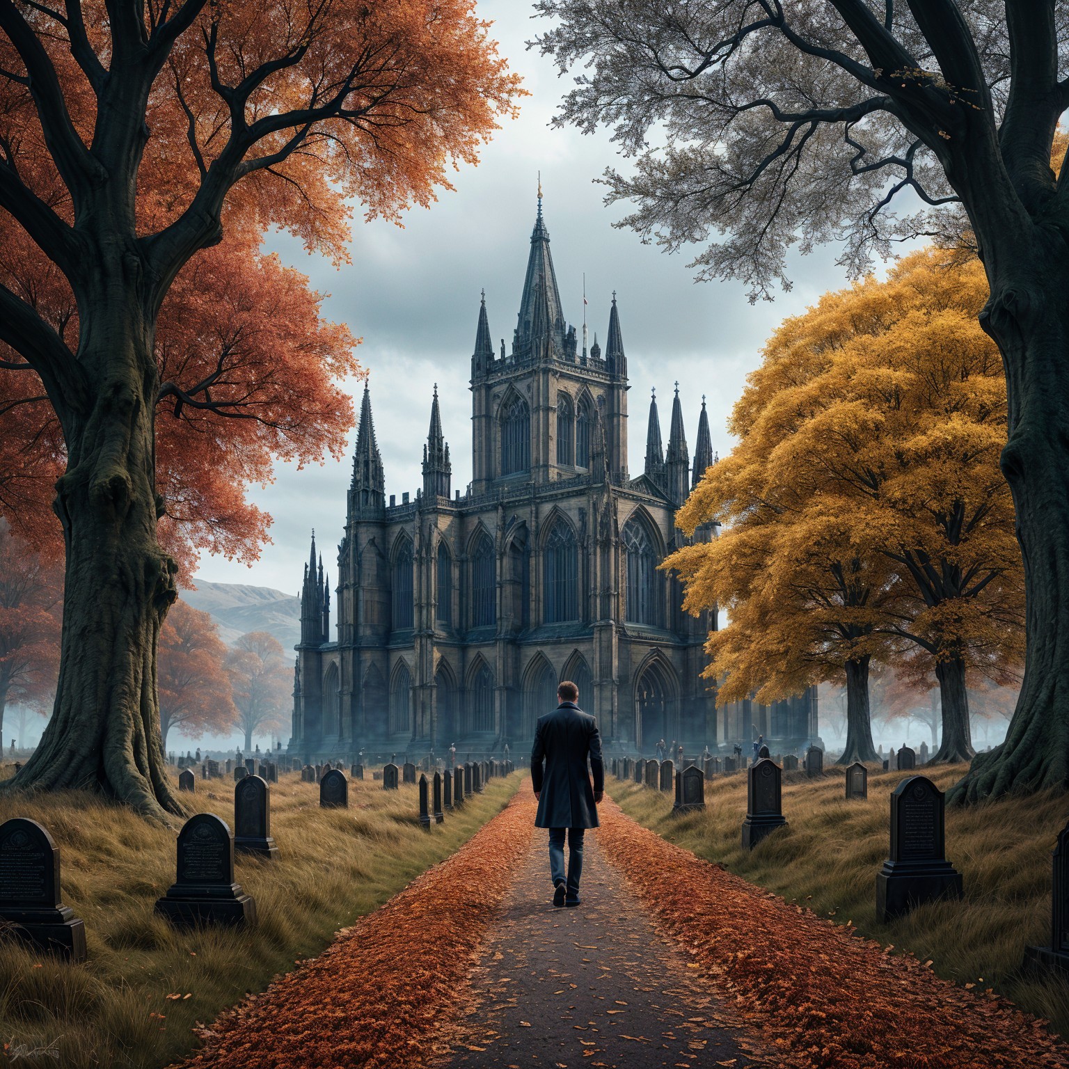 Autumn Scene with Gothic Cathedral and Gravestones