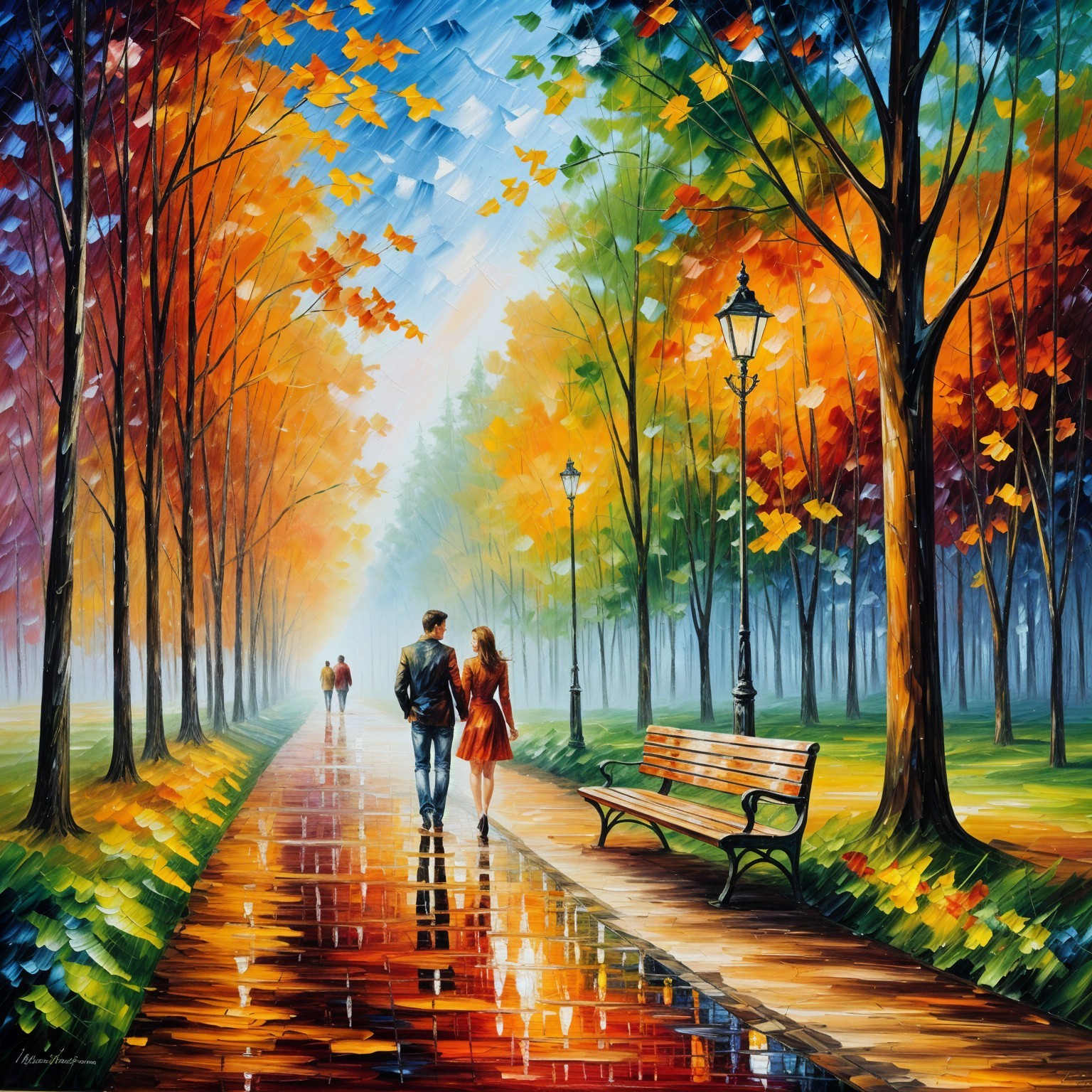 Impressionistic Autumn Scene with Couples in Park