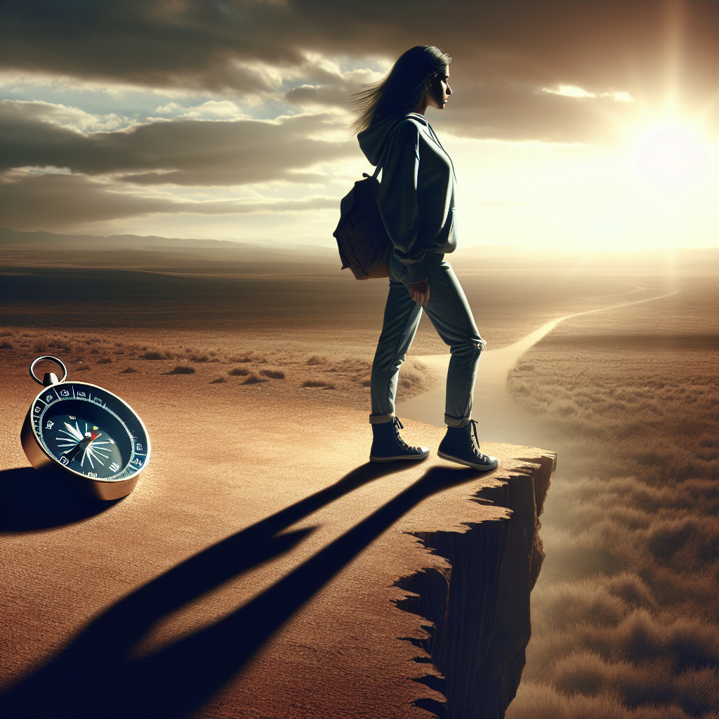 Silhouetted figure on a cliff overlooking desert horizon