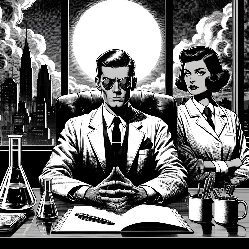 Monochromatic Image of Scientists in Art Deco Office