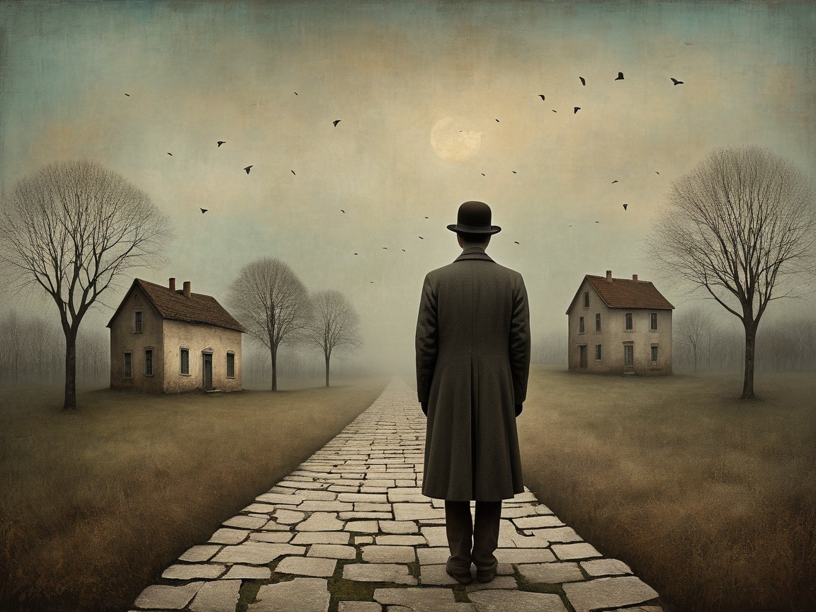 Solitary Figure on Misty Cobblestone Pathway