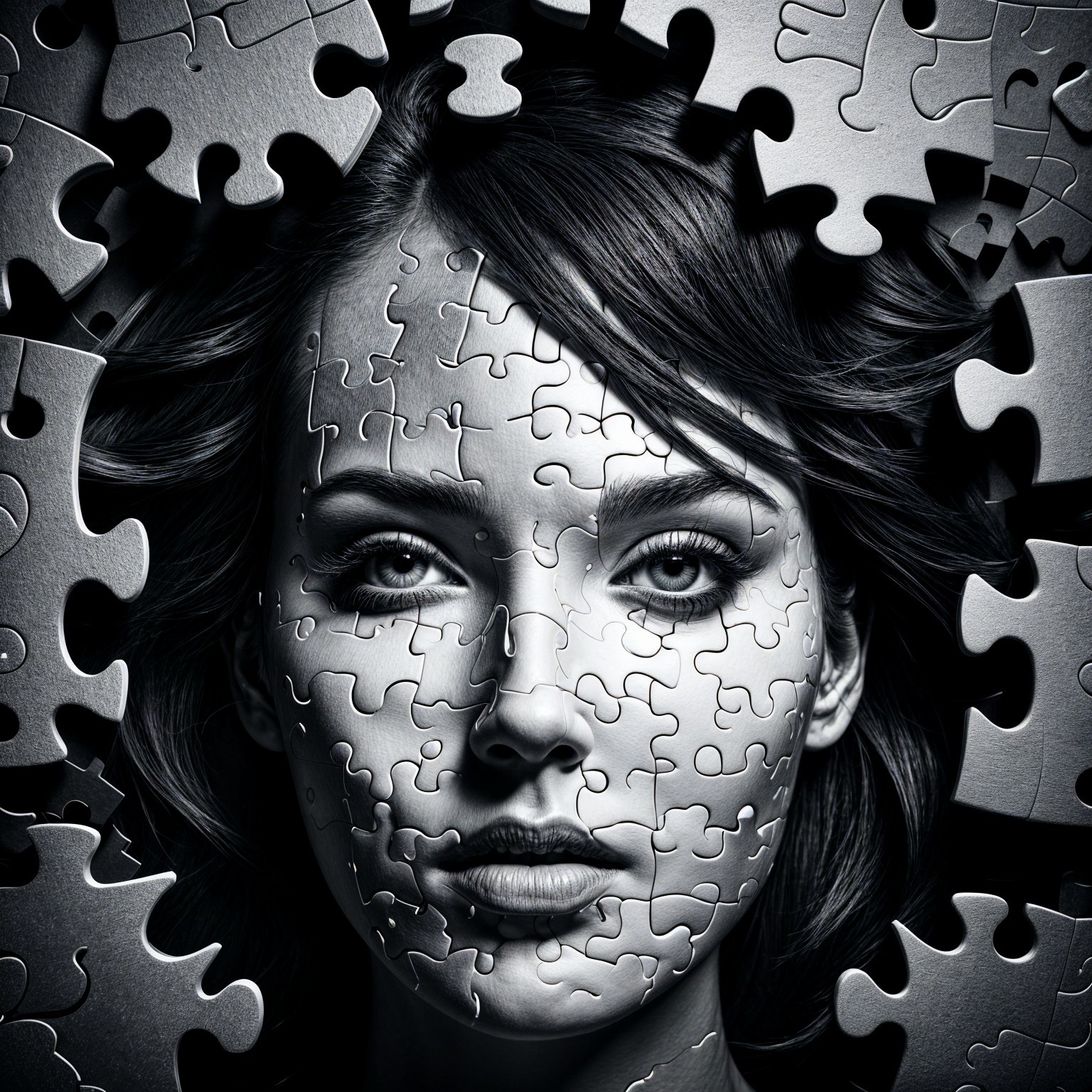 Monochromatic Image of Woman's Face in Puzzle Pieces