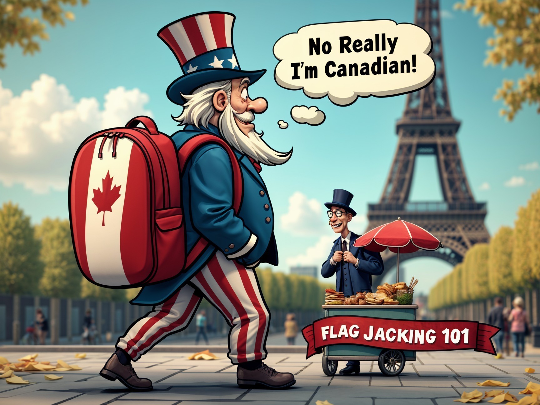 Patriotic Character with Canadian Flag by Eiffel Tower