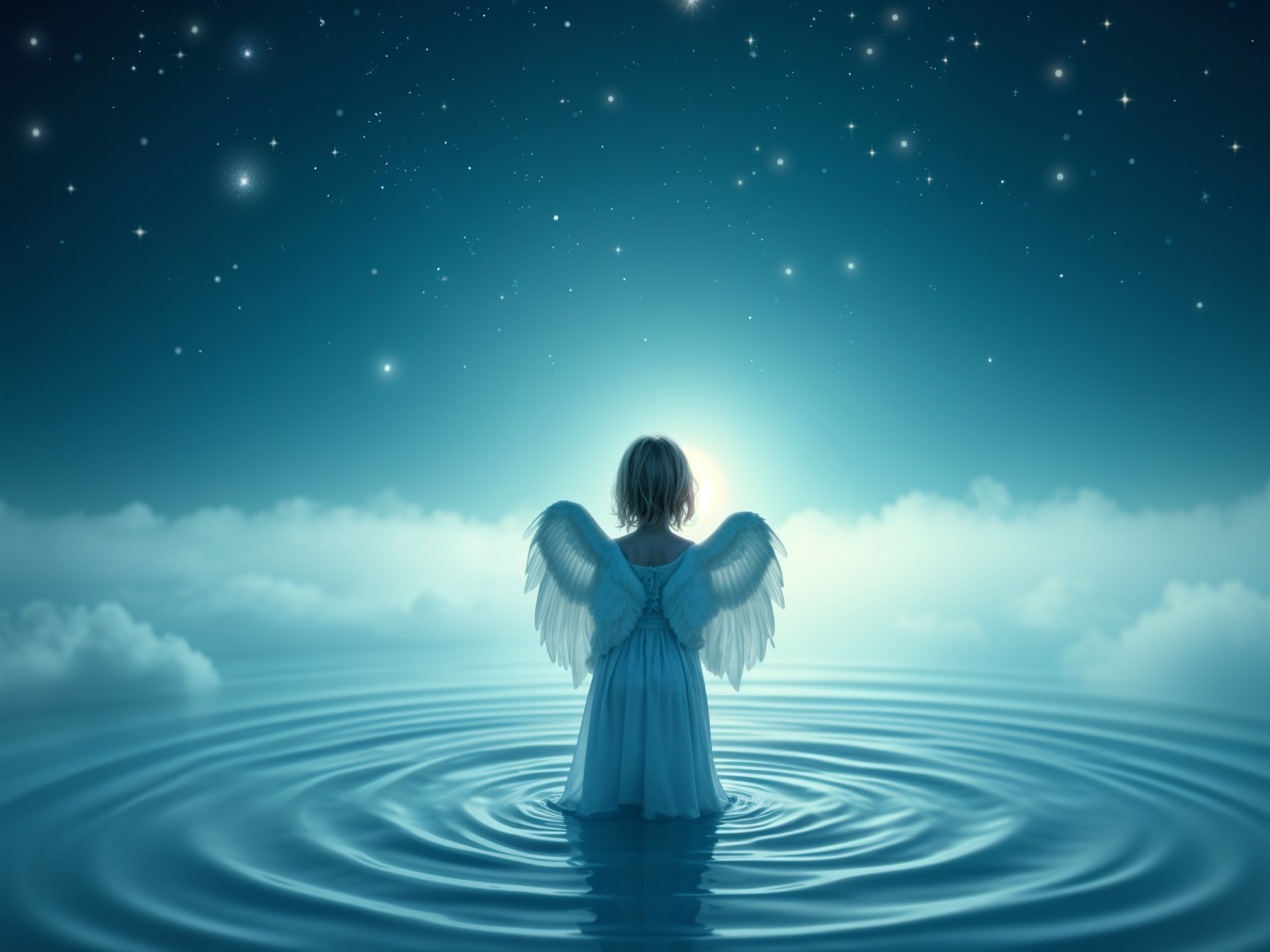 Child with Angel Wings in Calm Waters at Night