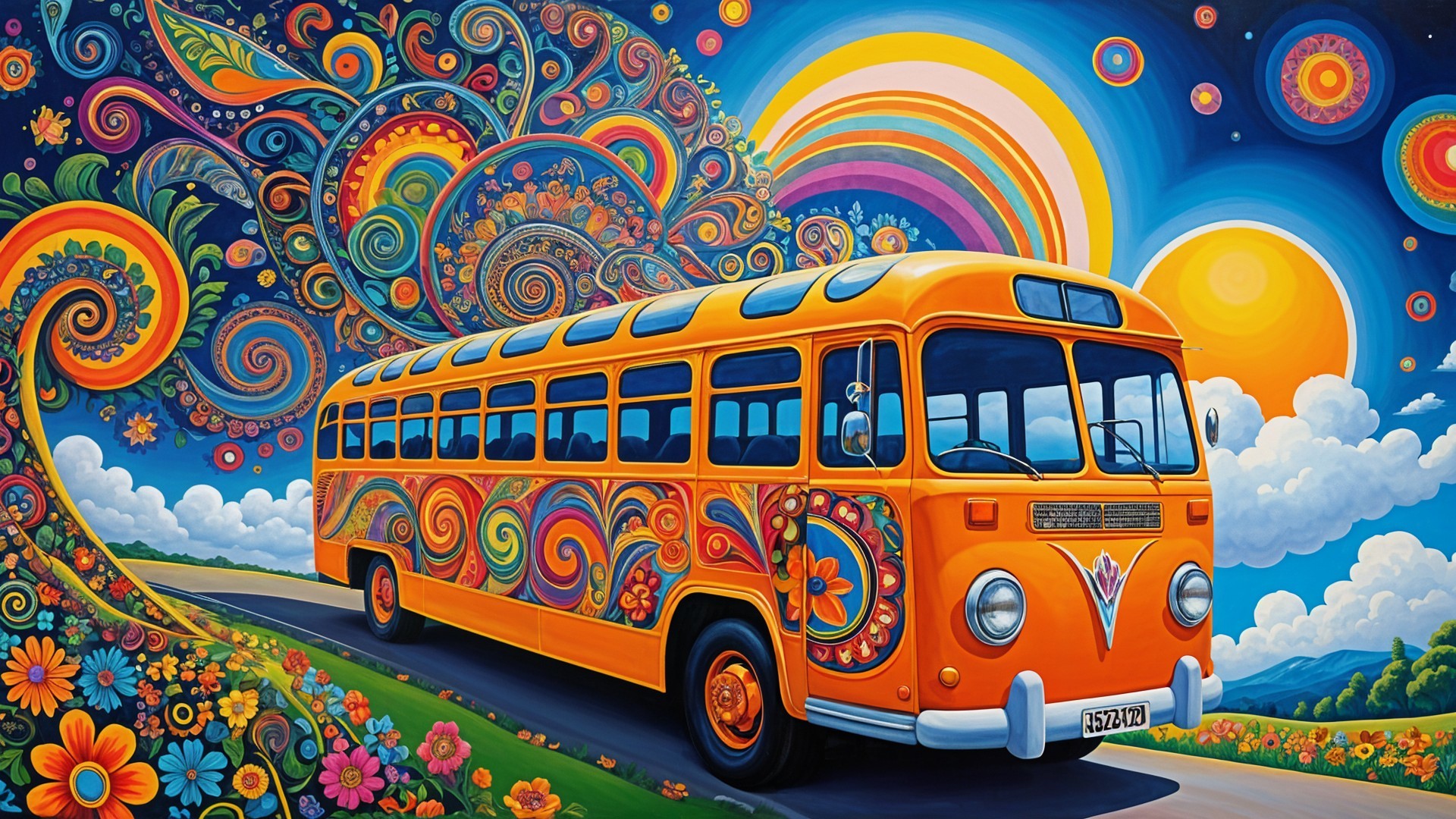 Vibrant Orange Bus in Kaleidoscopic Landscape Art