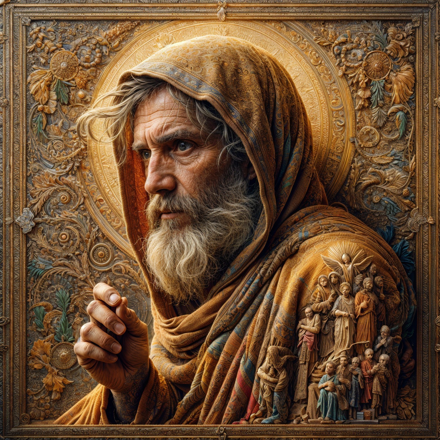 Elderly Man in Rich Robe Surrounded by Intricate Carvings