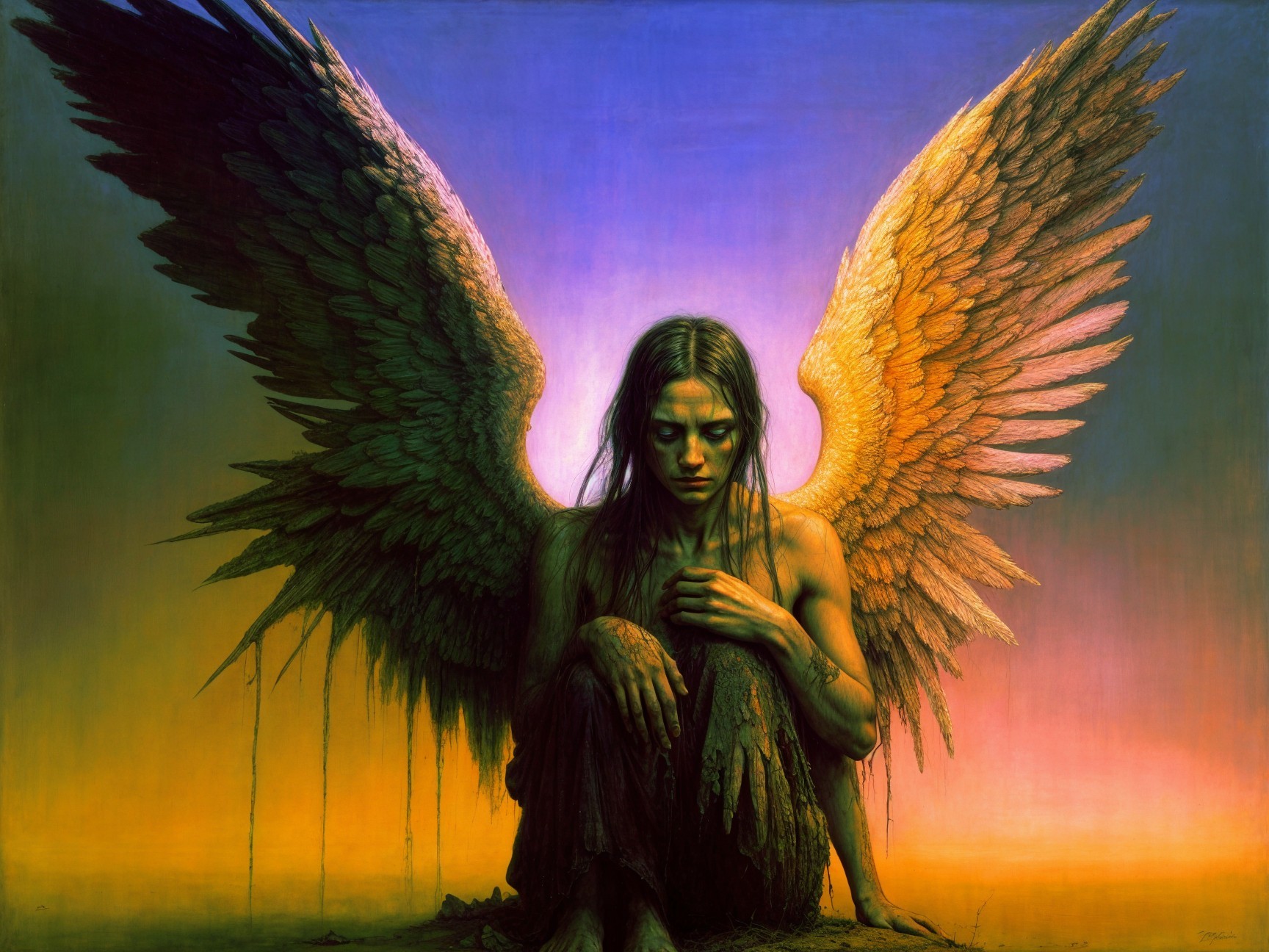 Somber Figure with Intricate Wings in Contemplation