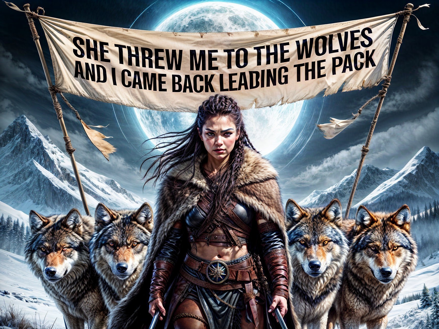 Warrior with Wolves in Icy Landscape Under Moonlight