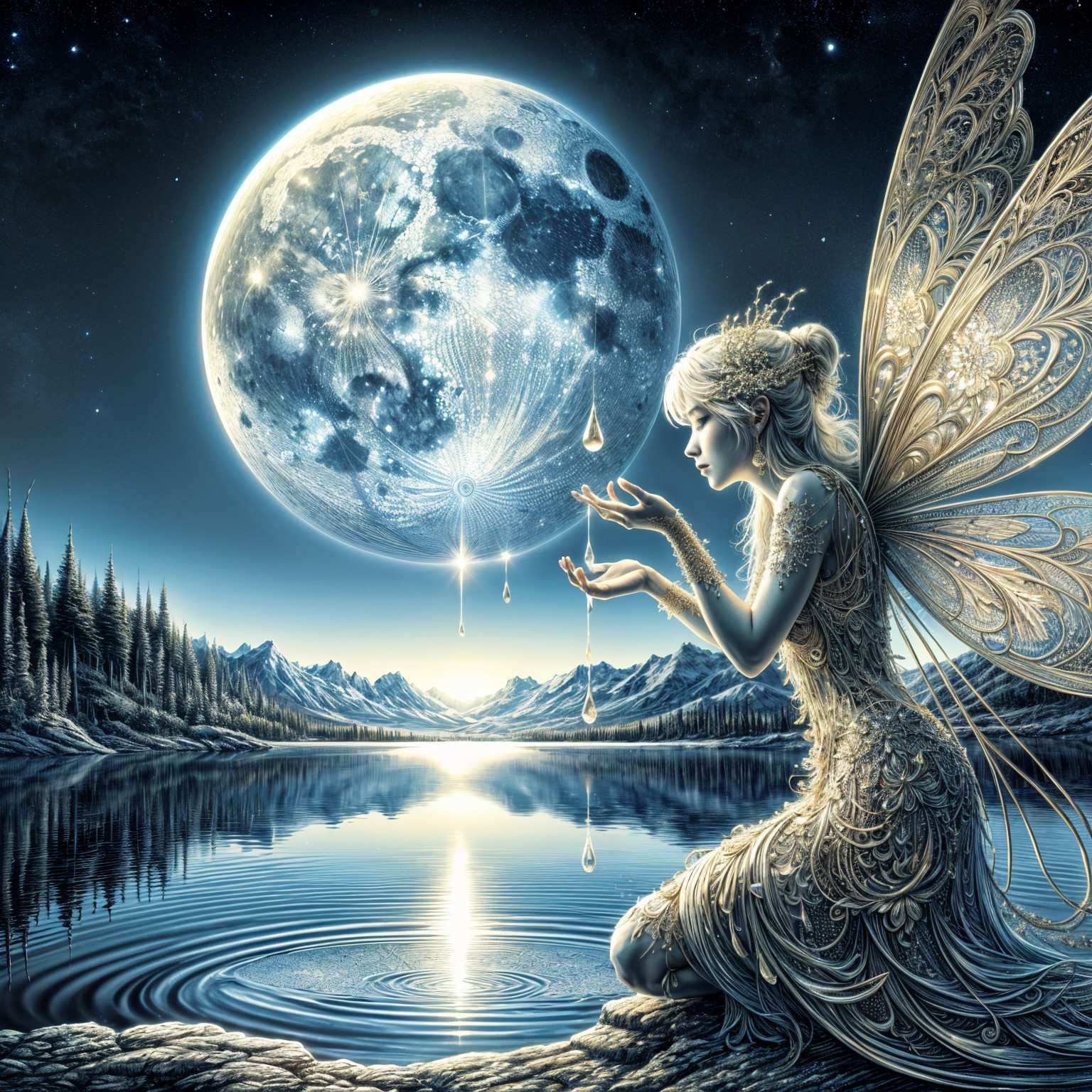 Fairy by Tranquil Lake Under Full Moonlight