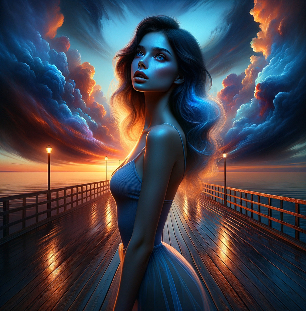 Woman on Pier at Sunset with Dramatic Clouds
