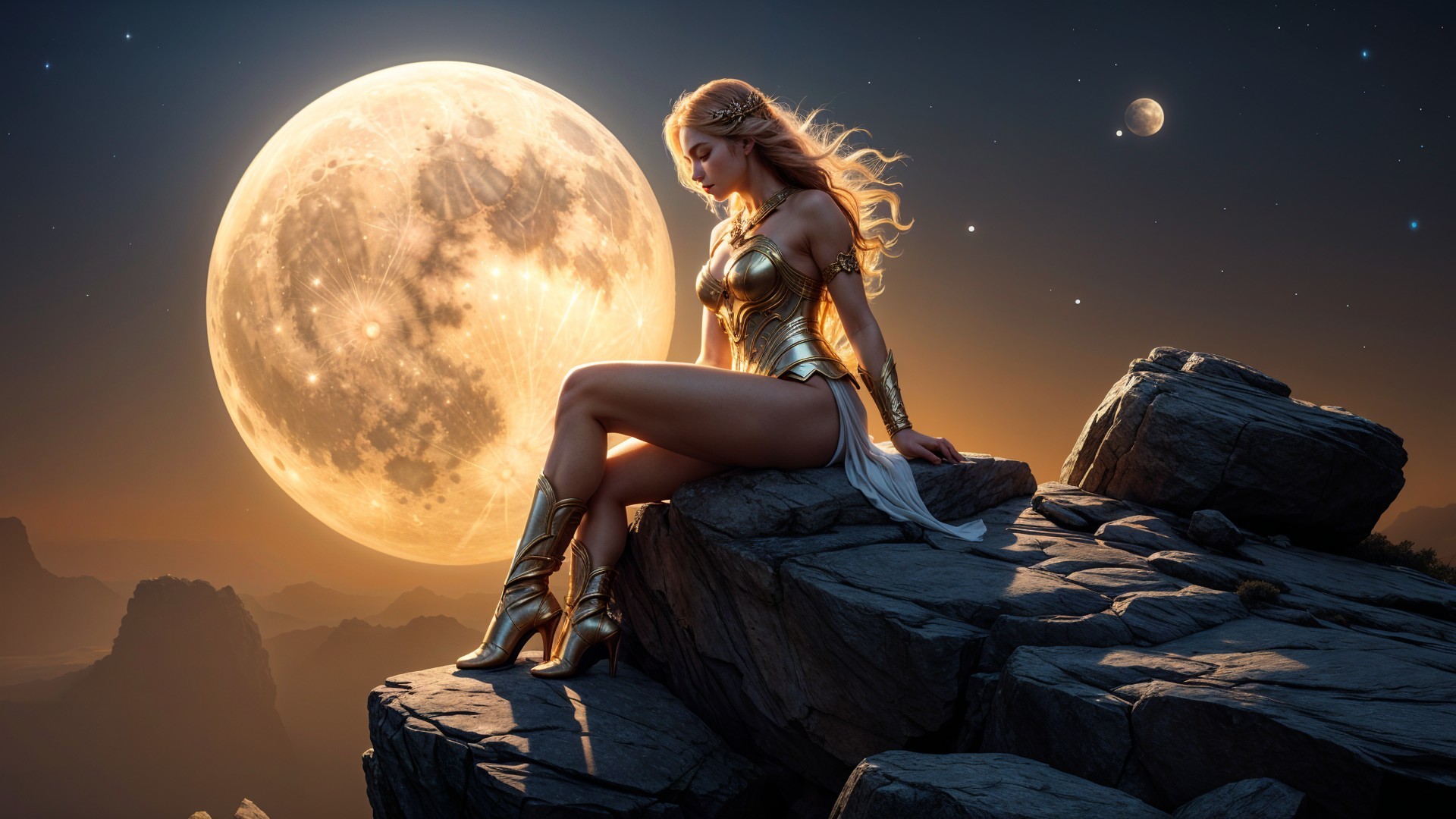 Warrior Woman in Gold Armor Under Full Moon