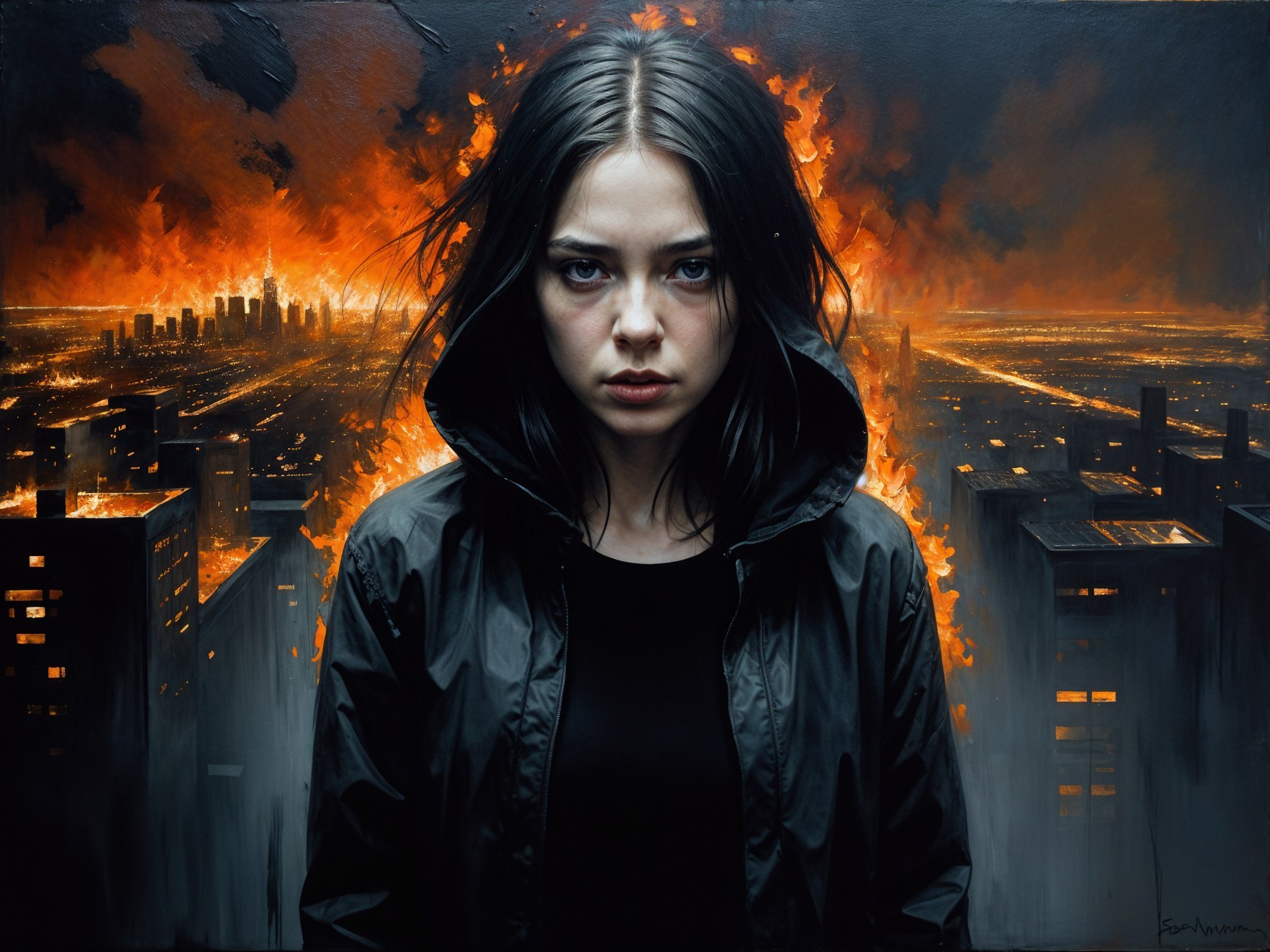 Young Woman in Black Jacket Against Fiery Urban Skyline