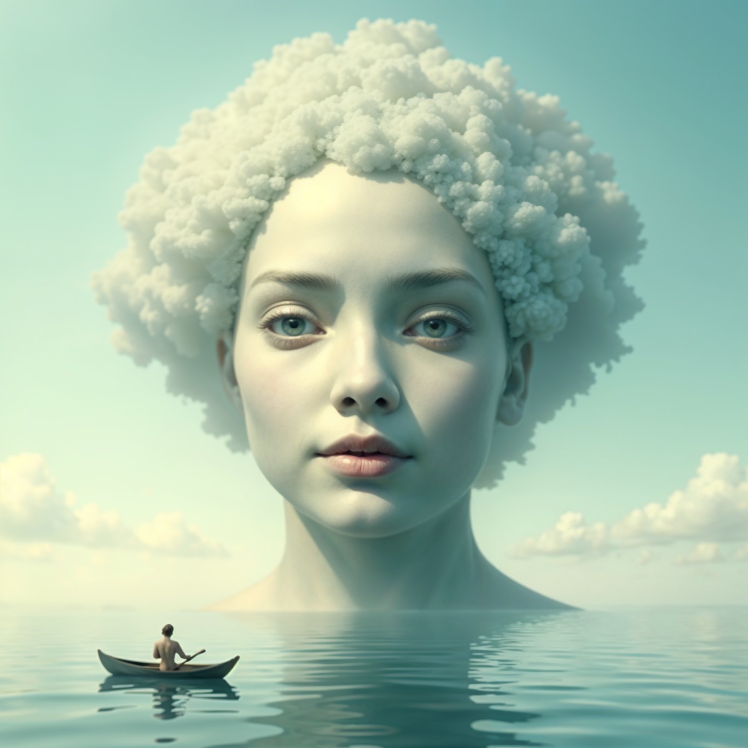 Surreal Scene of Giant Female Face in Calm Waters