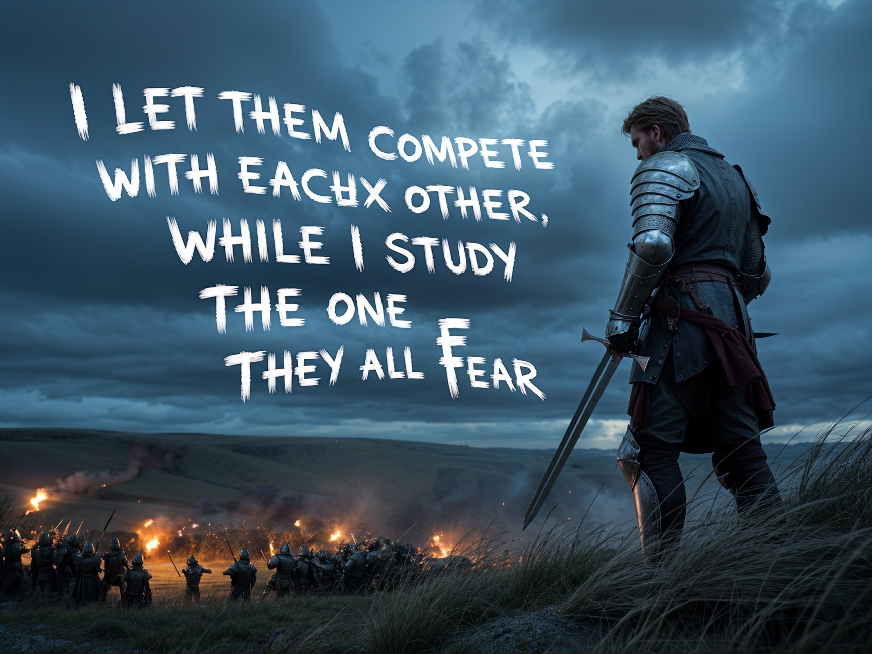 Lone Warrior Overlooks Chaotic Battlefield Scene