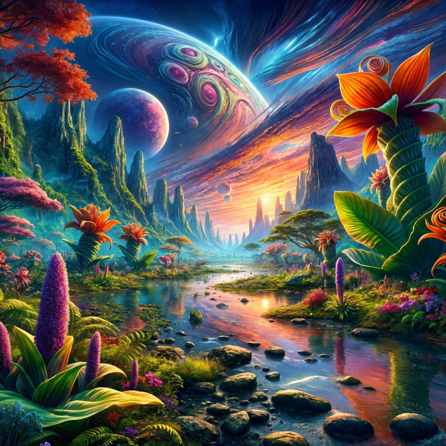 Vibrant Alien Landscape with Cliffs and Colorful Flora
