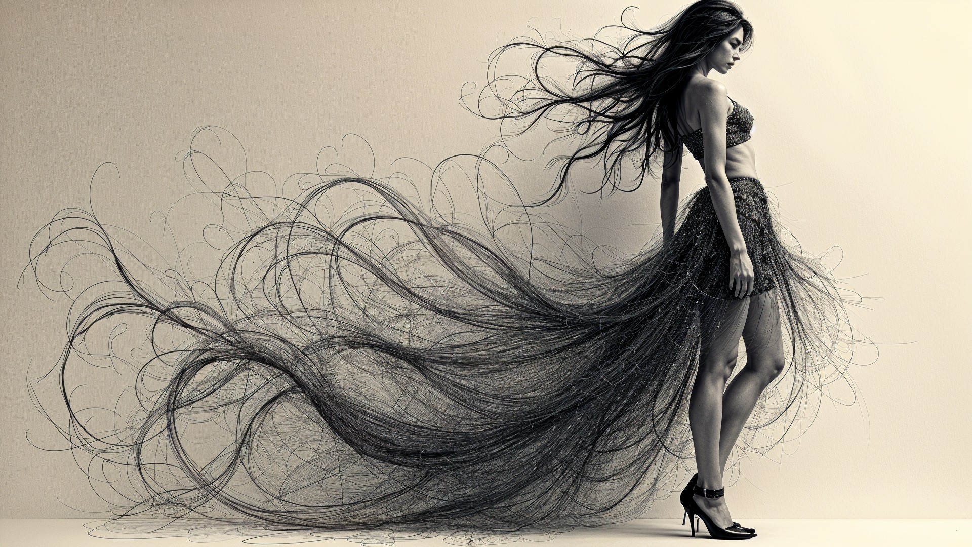 Monochrome Art Piece of Elegant Woman in Flowing Strands