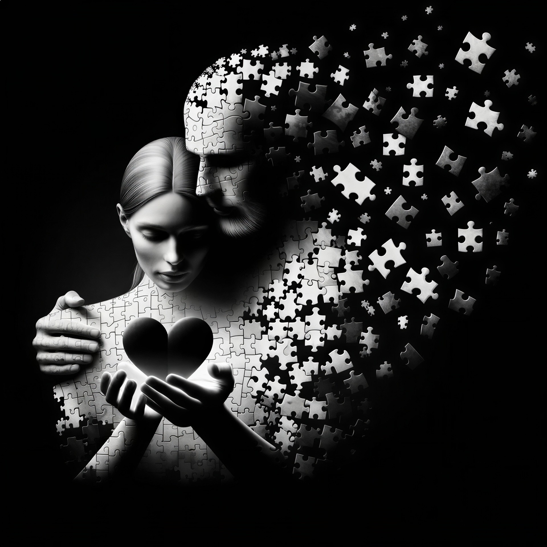 Black and white digital painting of figures as puzzle pieces