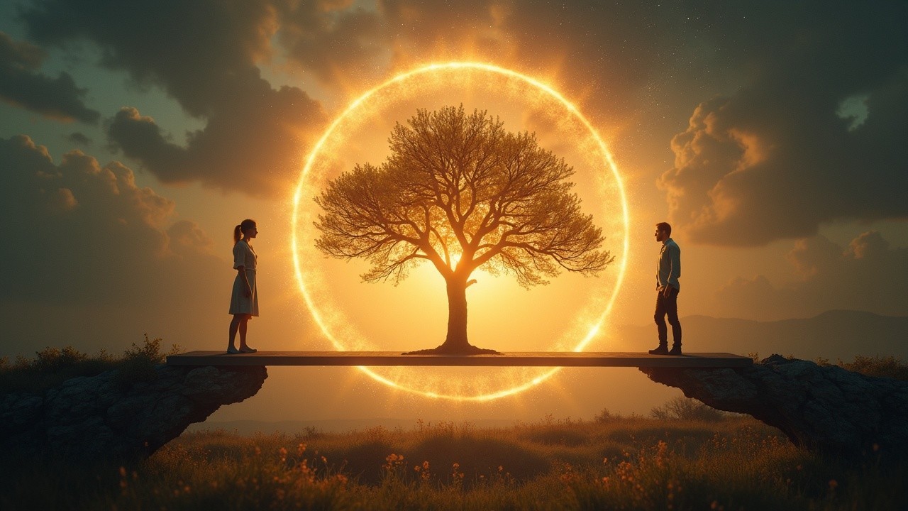 Surreal Landscape with Tree and Sunset Bridge Scene