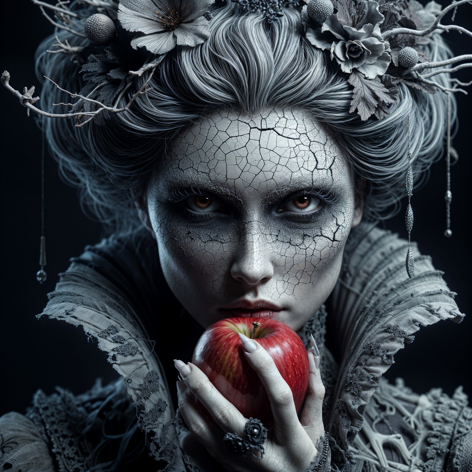 Haunting Figure with Porcelain Skin and Red Apple
