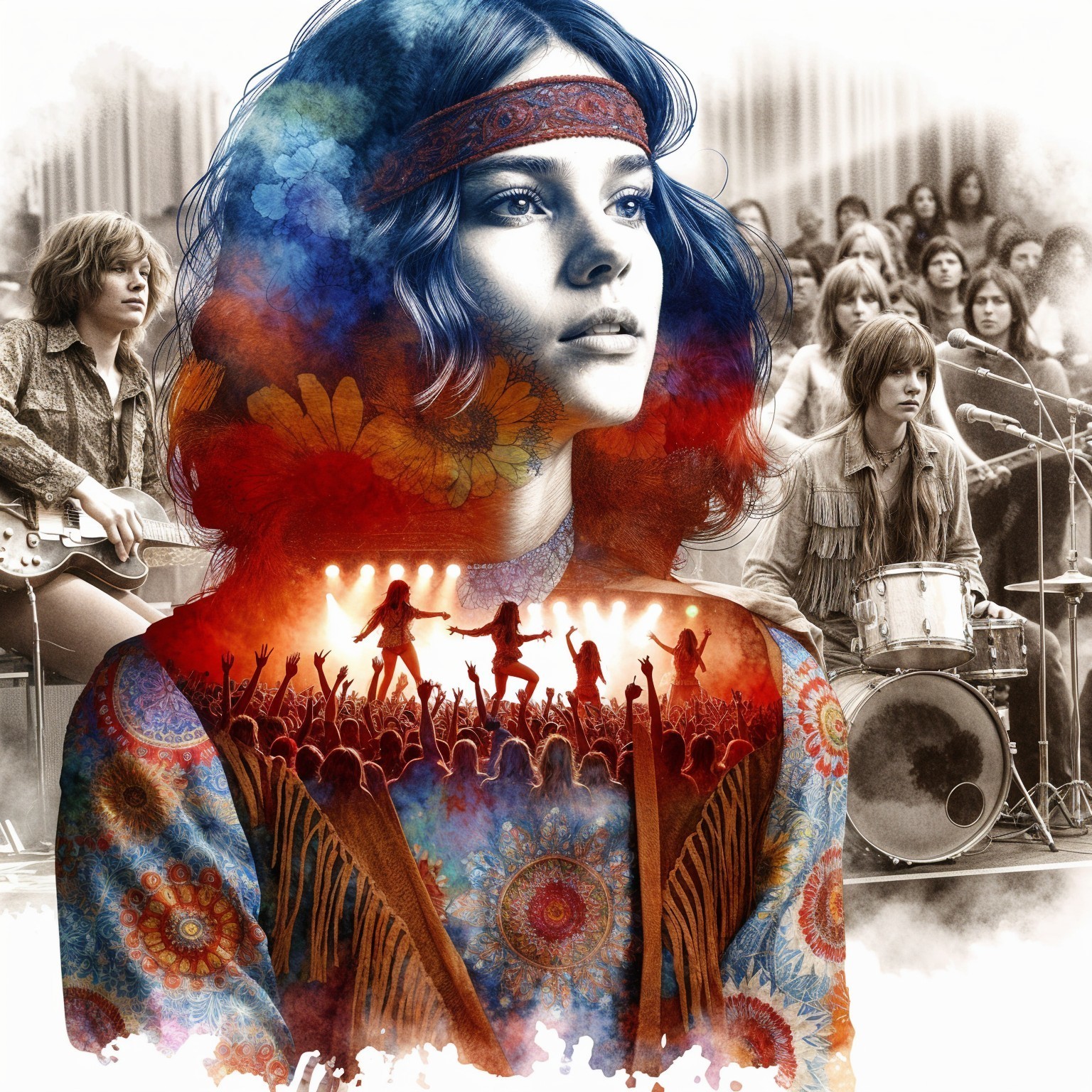 Vintage 1960s Aesthetic with Colorful Concert Scene