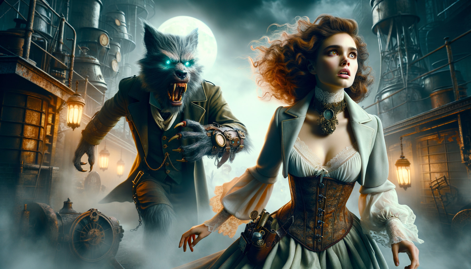 Steampunk Scene with Woman and Menacing Creature