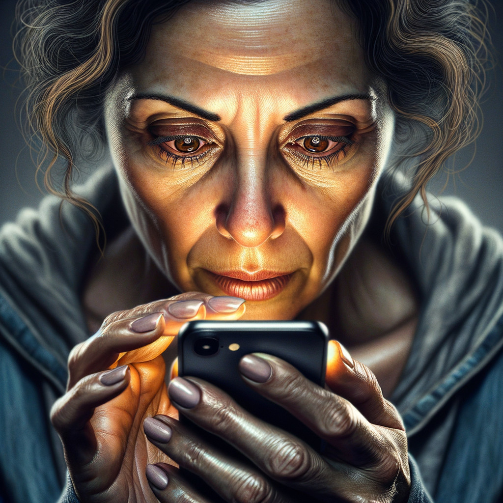 Woman with curly hair gazing at smartphone screen