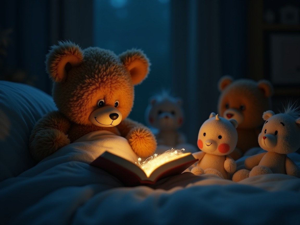 Teddy Bear Reading in a Cozy, Dimly Lit Room