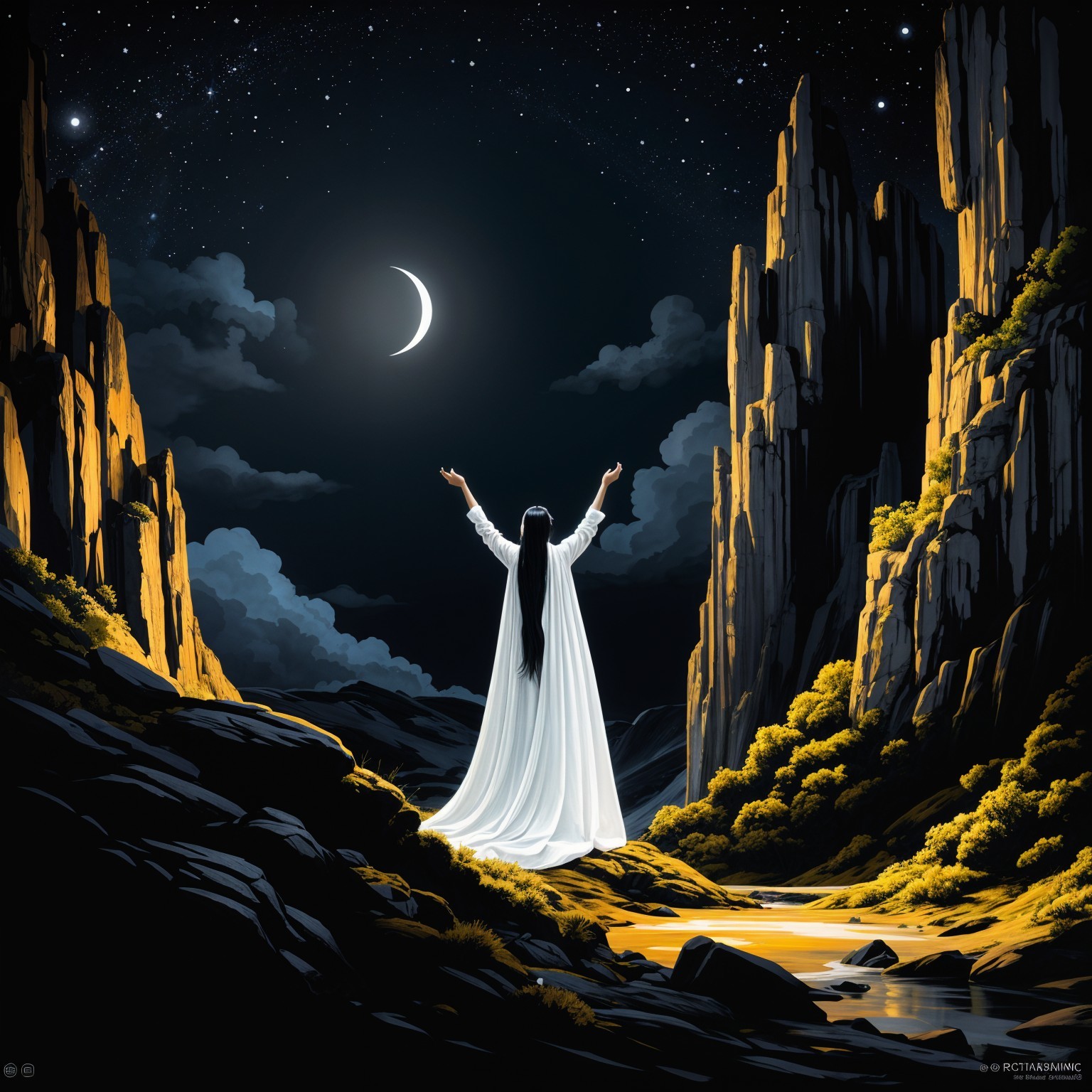 Serene Figure with Crescent Moon in Tranquil Landscape