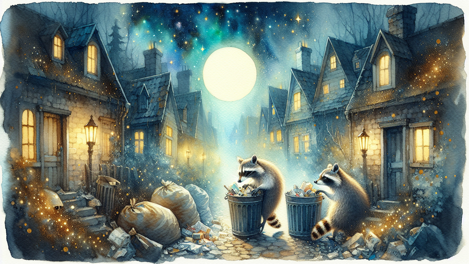 Raccoons Exploring a Moonlit Village at Night