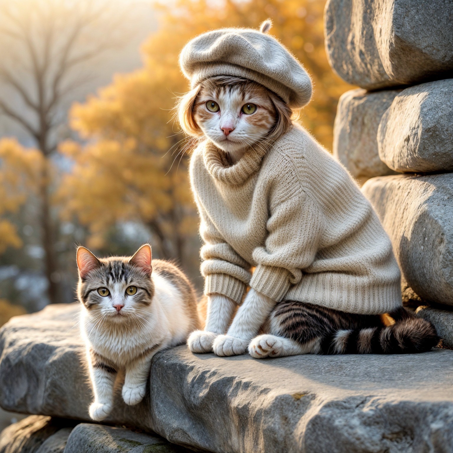 Cats on a Stone Ledge Amidst Autumn Foliage