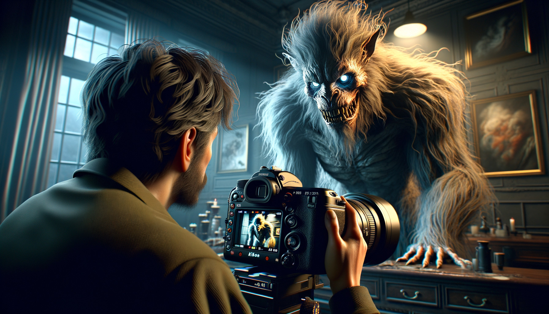 Eerie Creature with Glowing Eyes in Dimly Lit Room