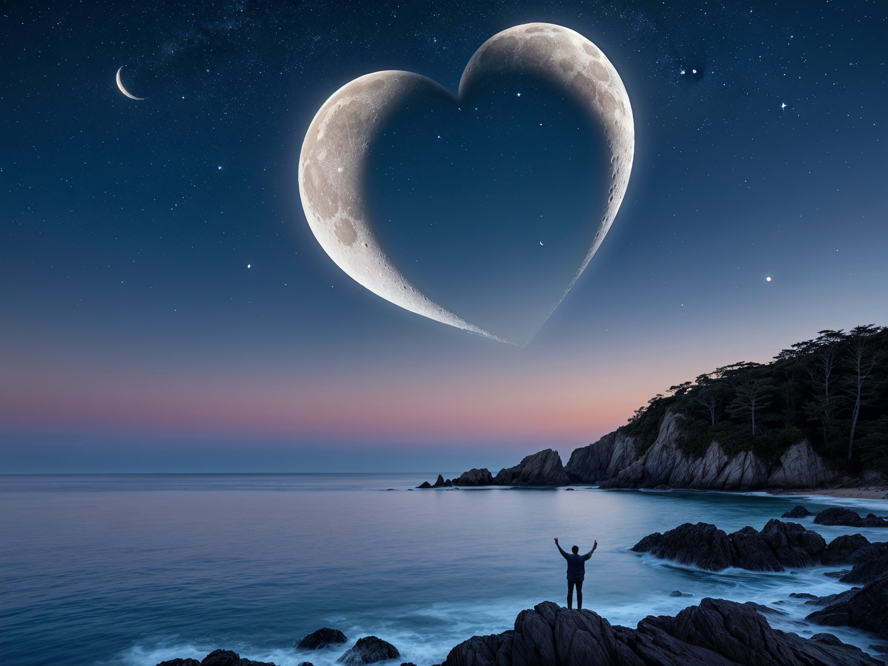 Twilight Coastal Scene with Crescent Moons and Stars