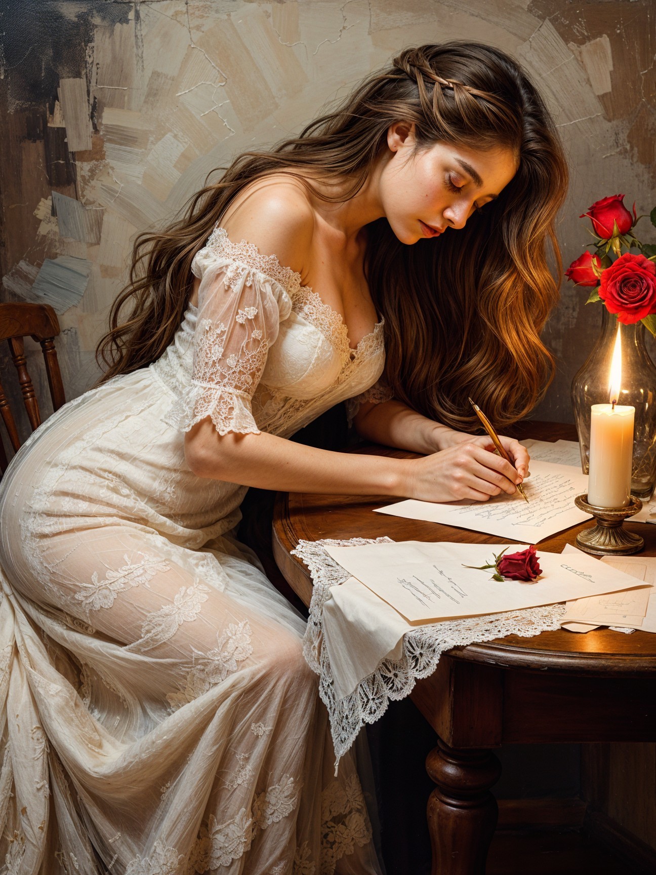 Woman in Lace Wedding Gown Writing at Rustic Table
