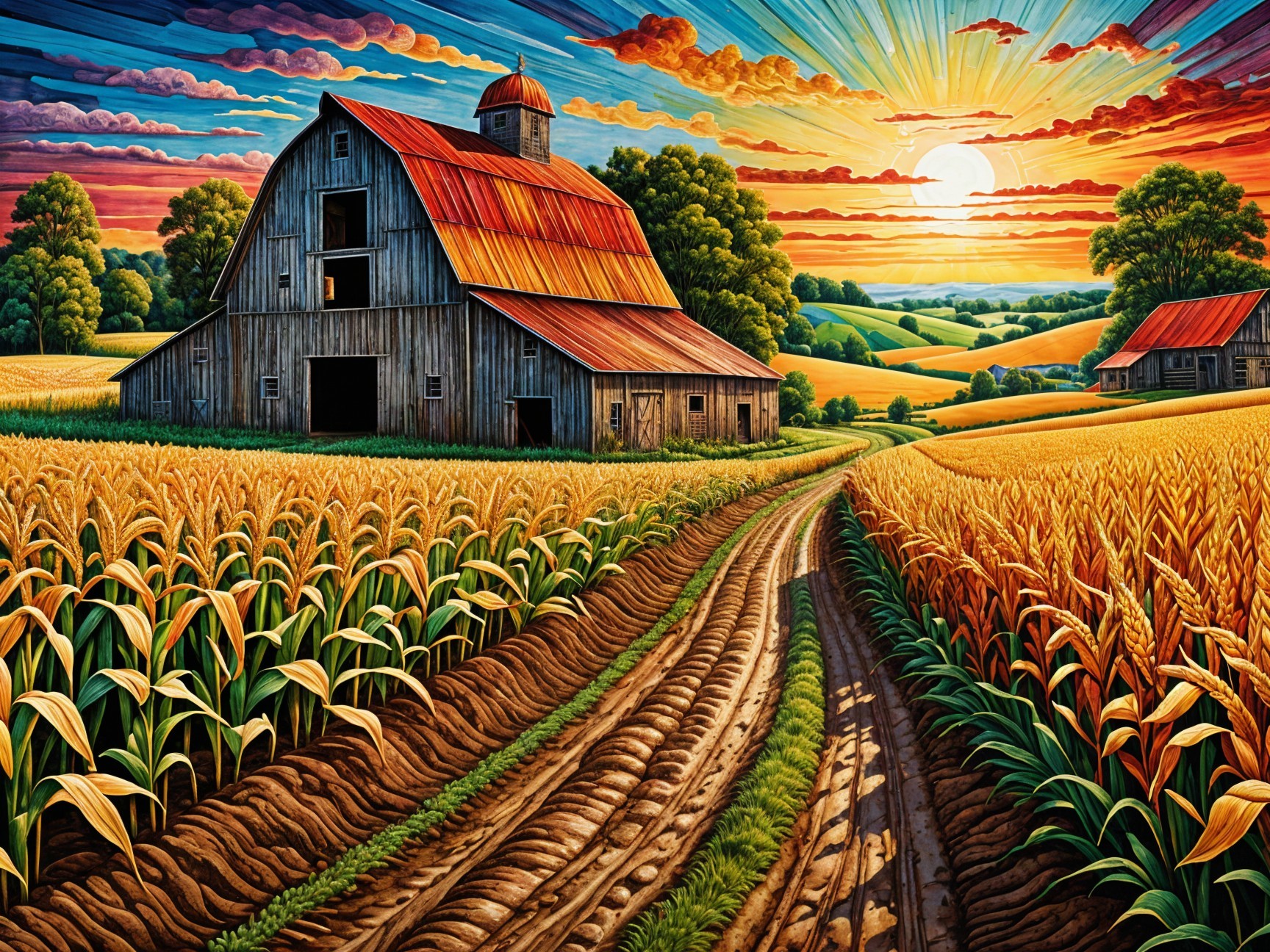 Vibrant Sunset Over Picturesque Farm Landscape