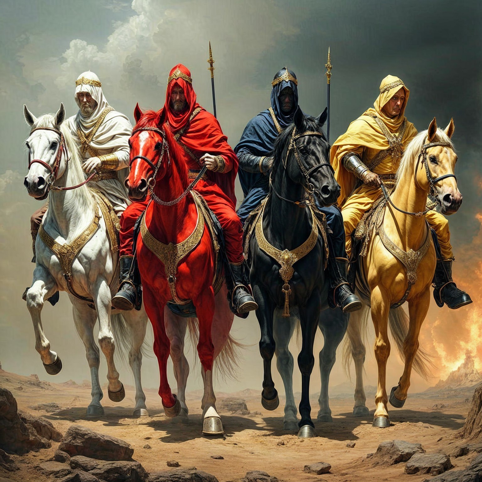 Armored Horsemen in Vibrant Cloaks Amidst Stormy Sky
