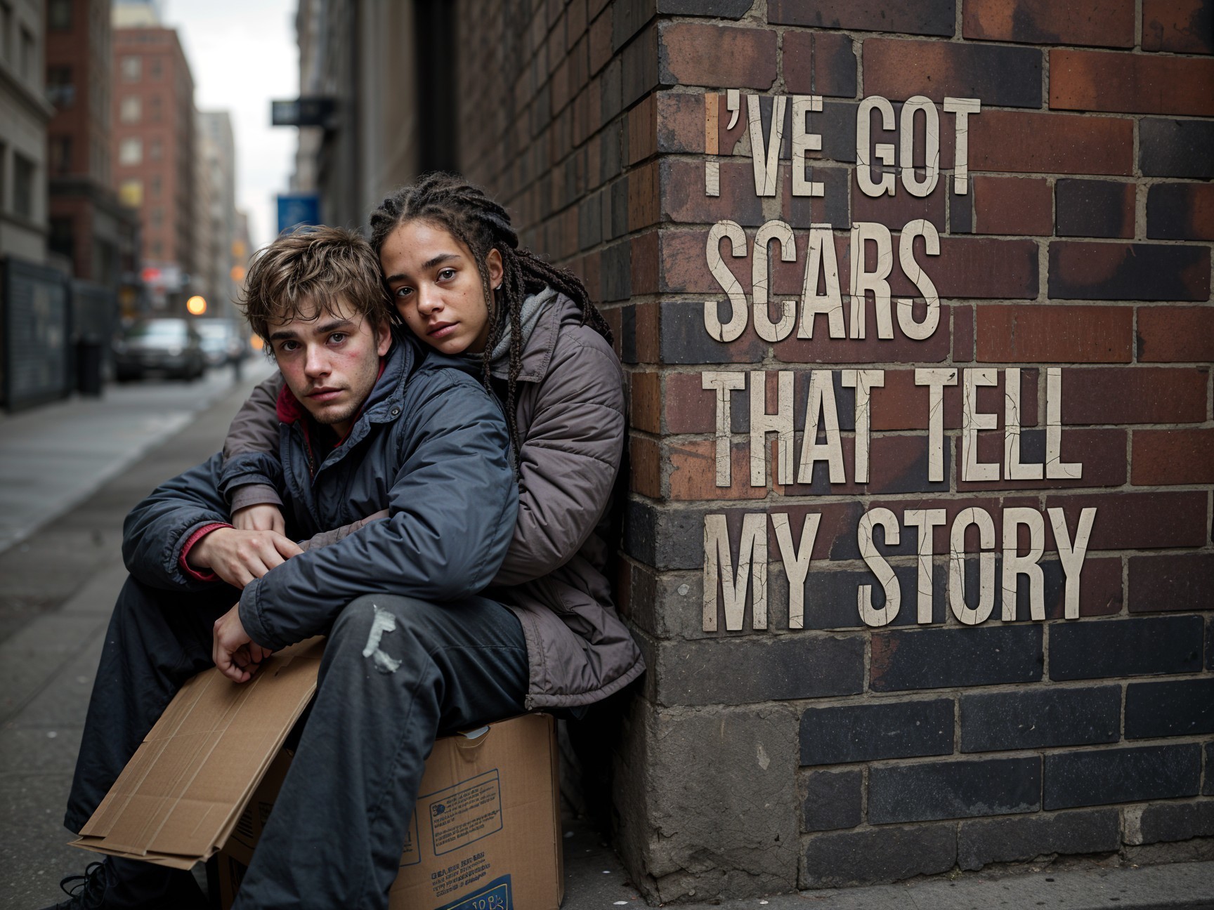 Young Individuals Against Brick Wall in Urban Setting