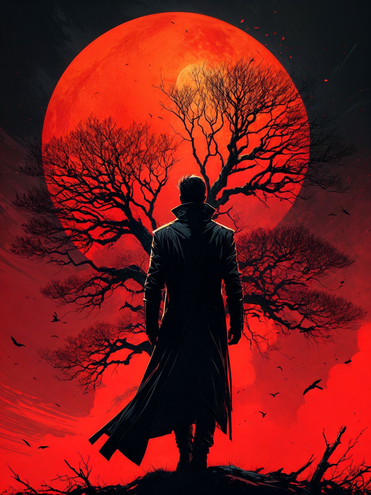 Silhouetted Figure Against Blood-Red Moon and Tree