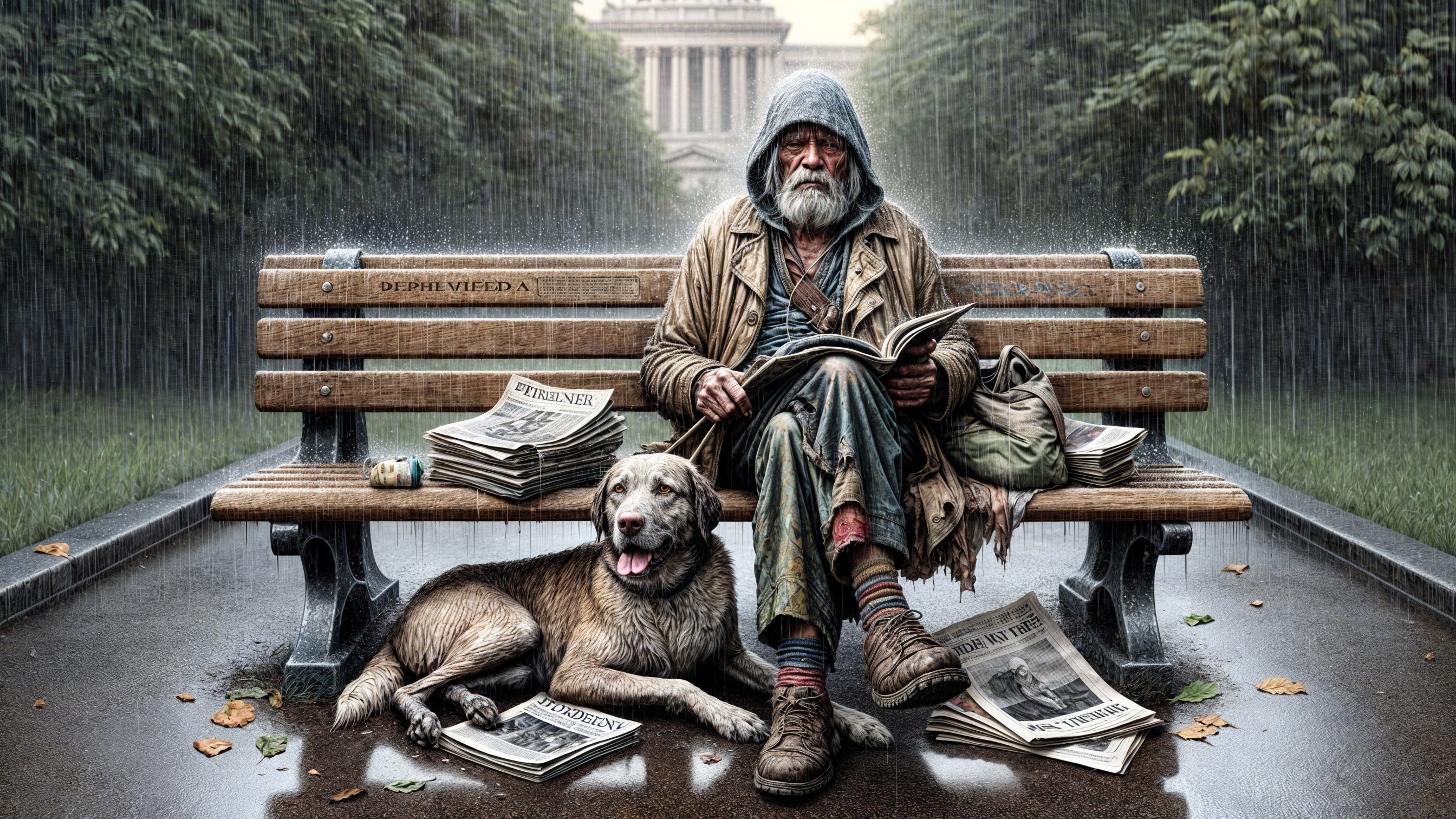 Elderly Man and Dog in Rainy Park Scene