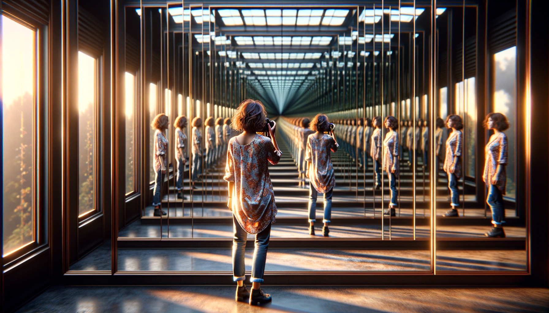 Young person in a corridor of mirrors with sunlight