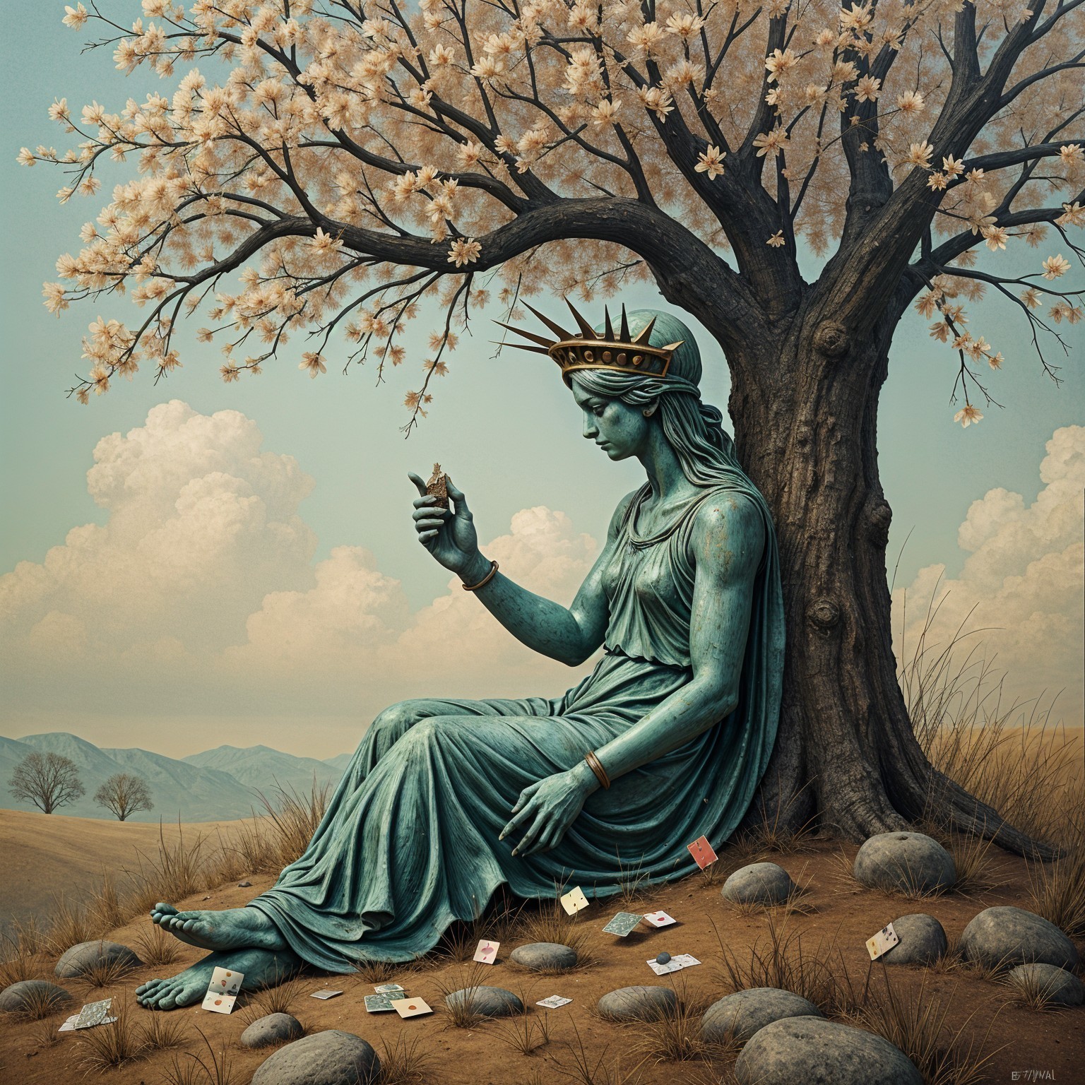 Bronze Goddess Statue Under Blossoming Tree Scene