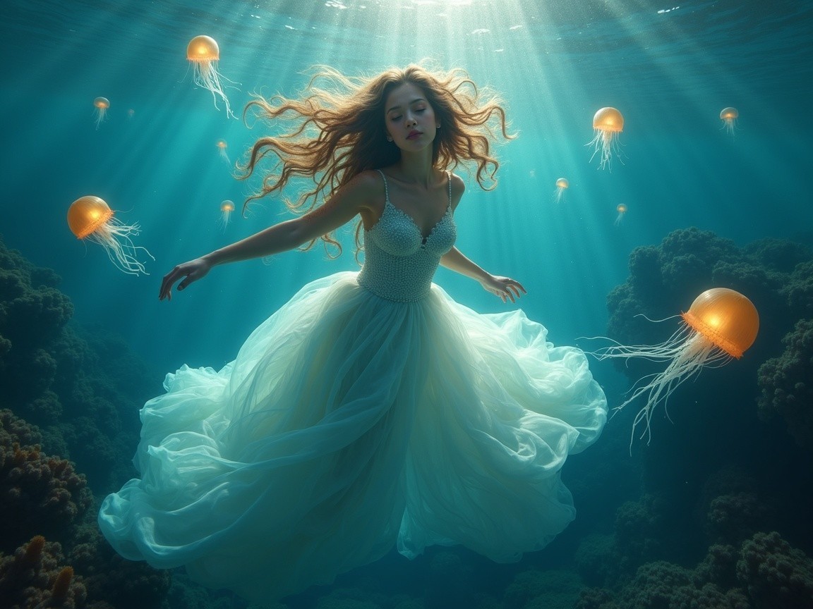 Underwater Scene with Woman and Vibrant Jellyfish