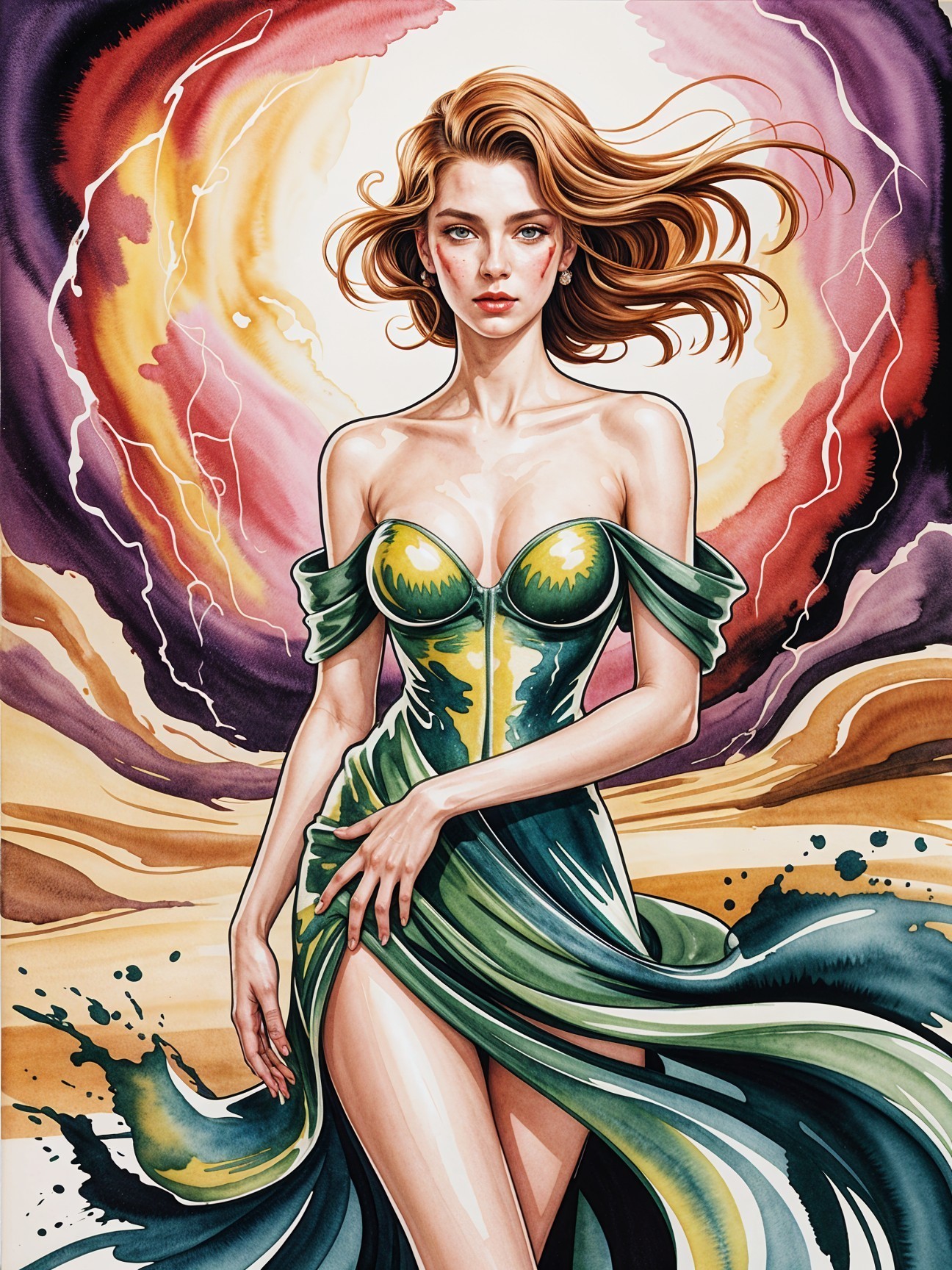 Artistic Representation of a Confident Woman in Colorful Dress