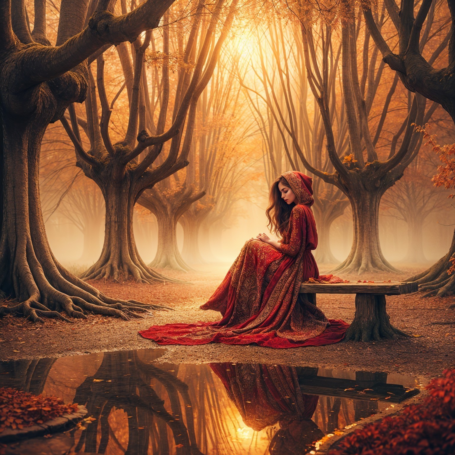 Woman in Red Robe in Serene Autumn Forest Setting