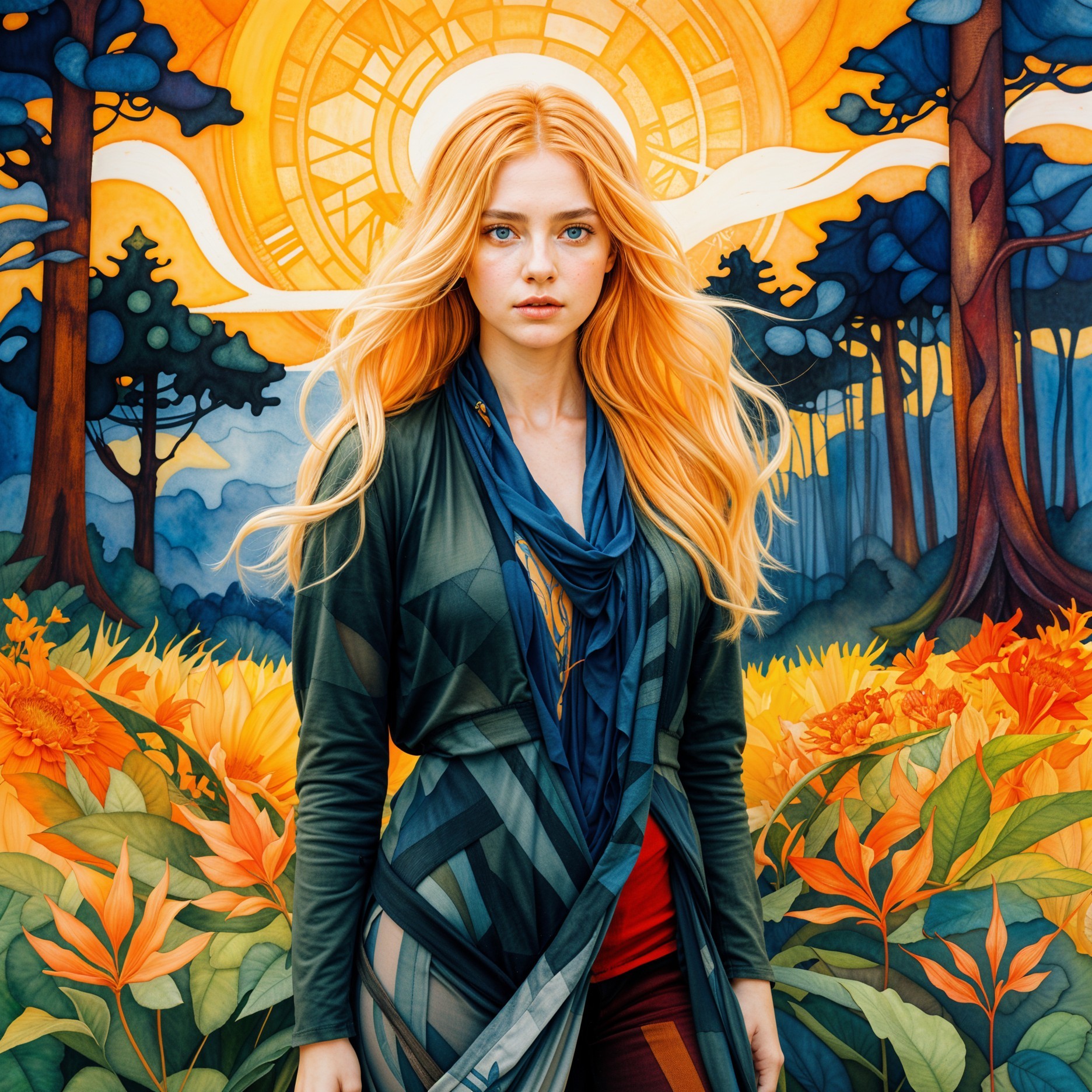 Young Woman in Colorful Landscape with Flowing Hair