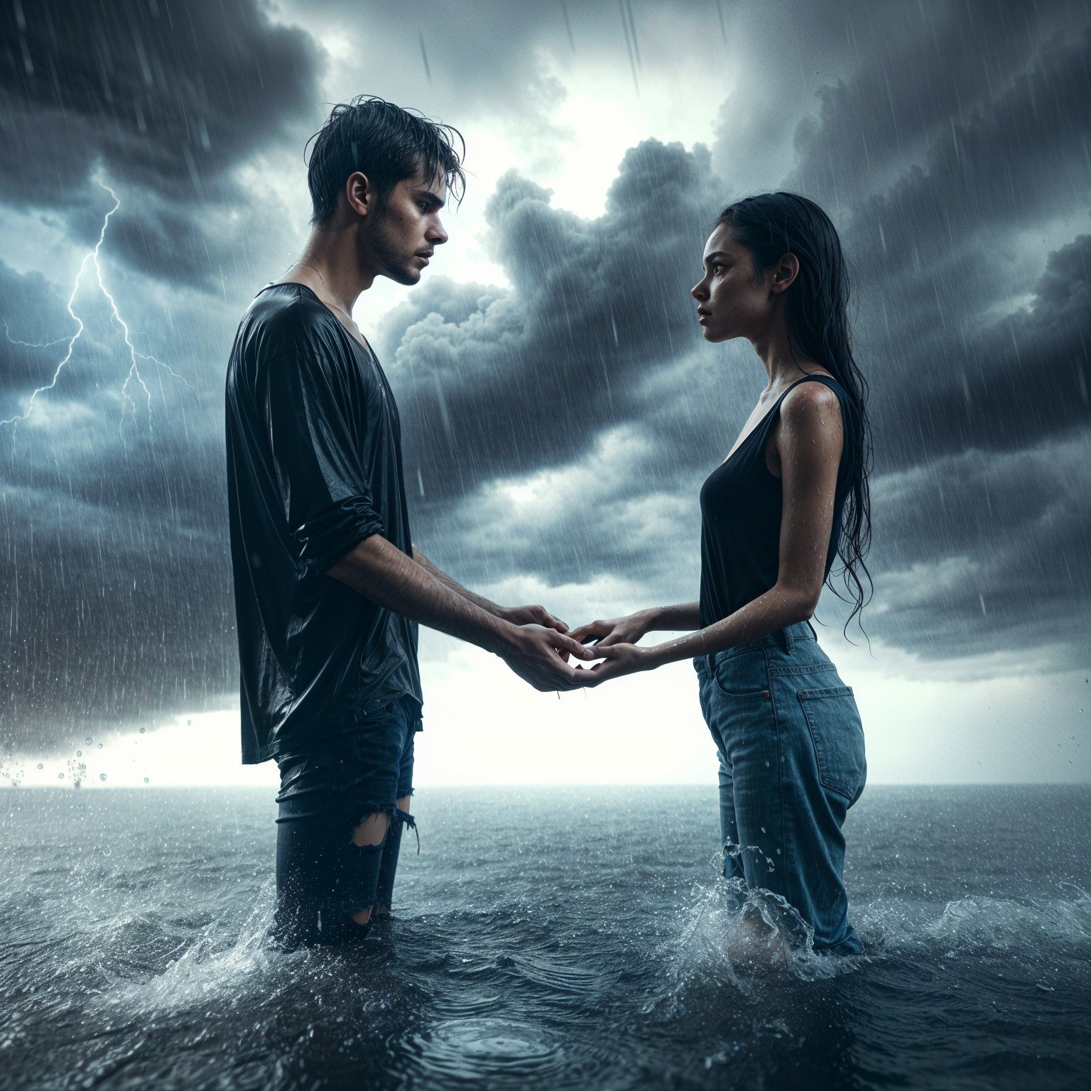 Couple in Stormy Sea with Intense Expressions