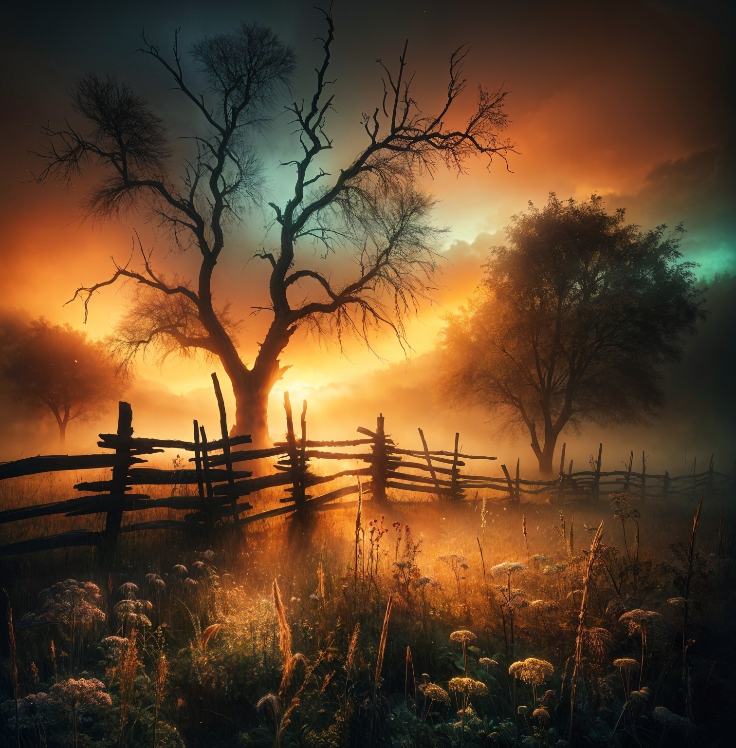 Mystical Dusk Landscape with Silhouetted Tree