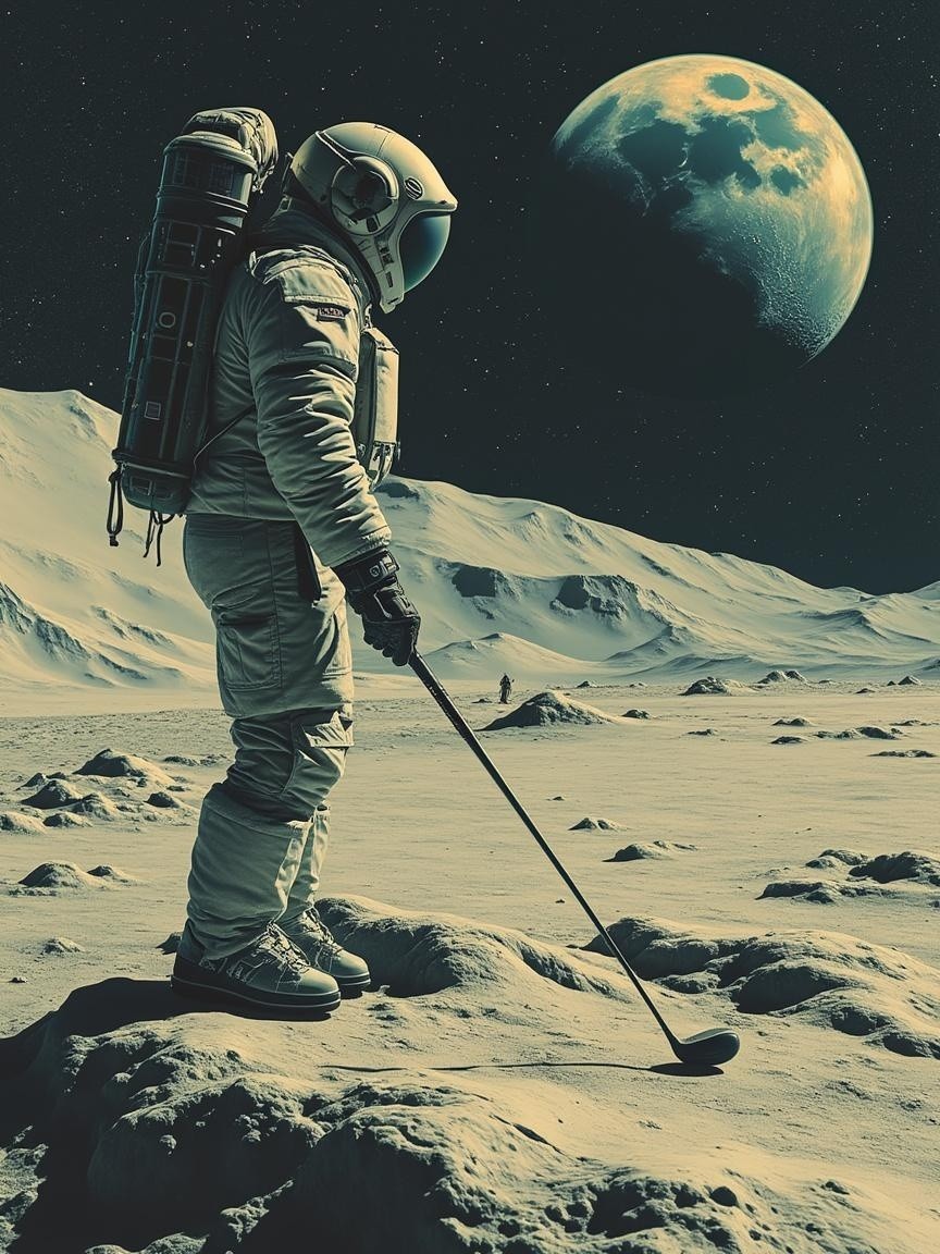 Astronaut on Lunar Landscape with Golf Club and Mountains