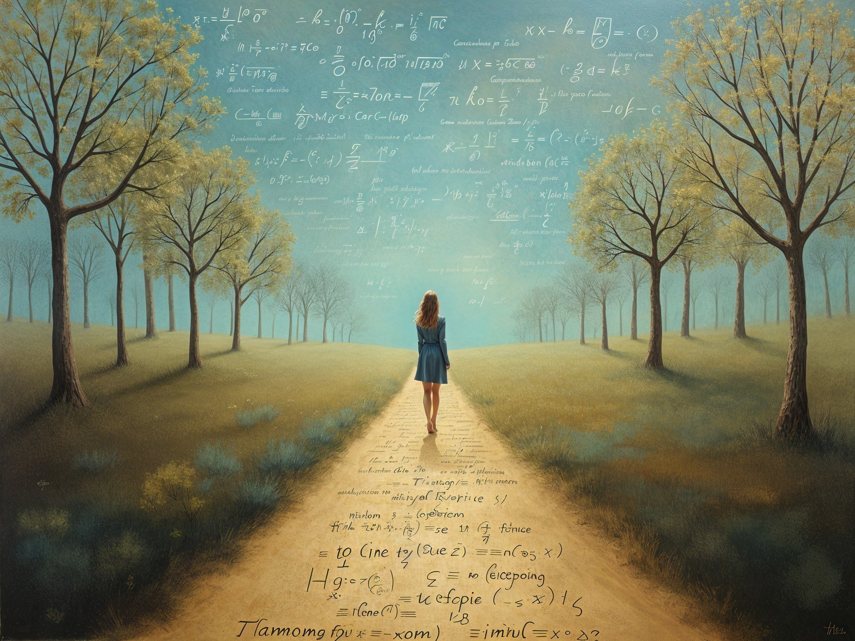 Solitary Figure in Blue Dress on Winding Path