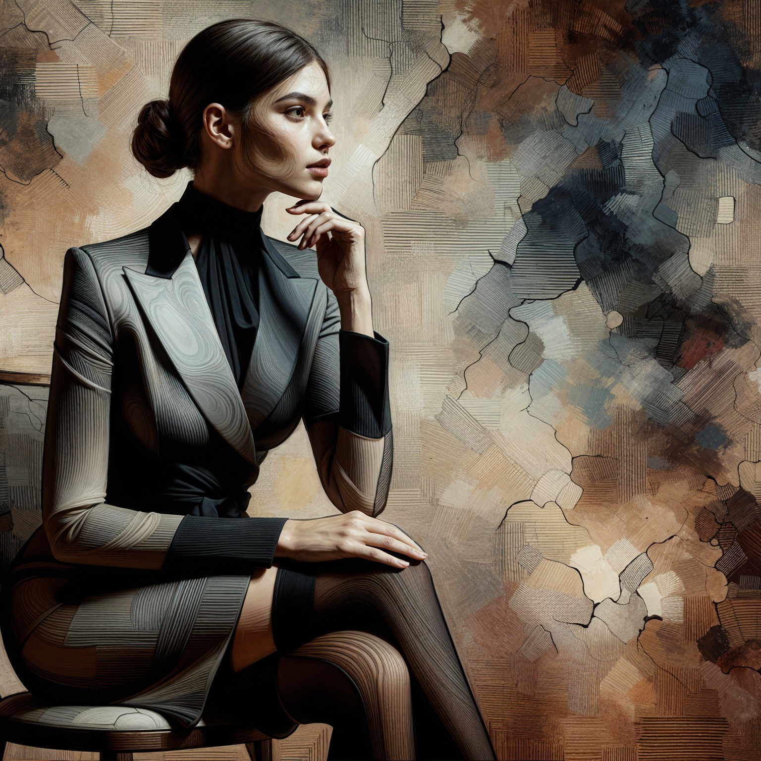 Elegant Woman in Fitted Suit with Abstract Background