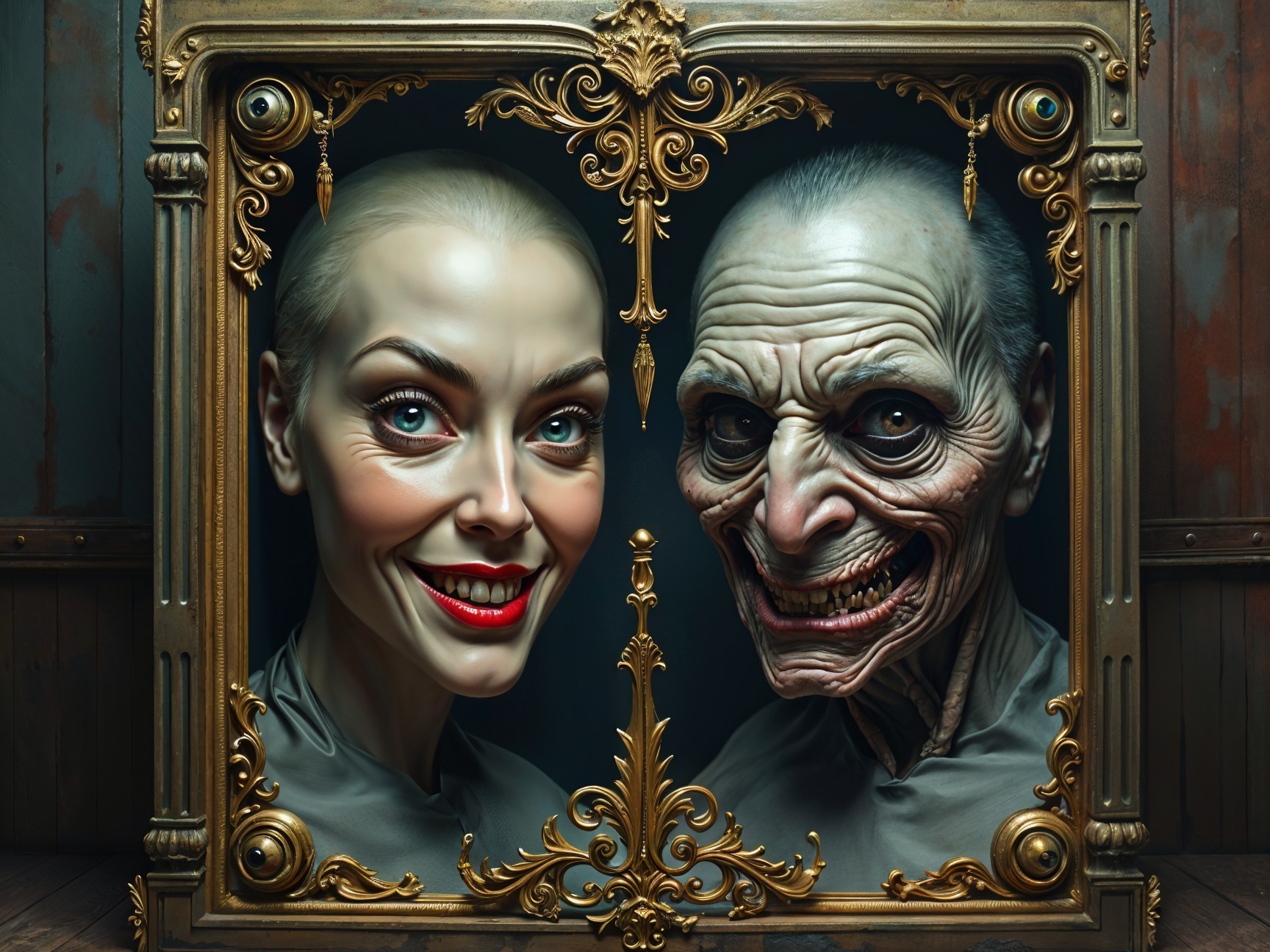 Surreal Portrait of Contrasting Faces in Vintage Frame